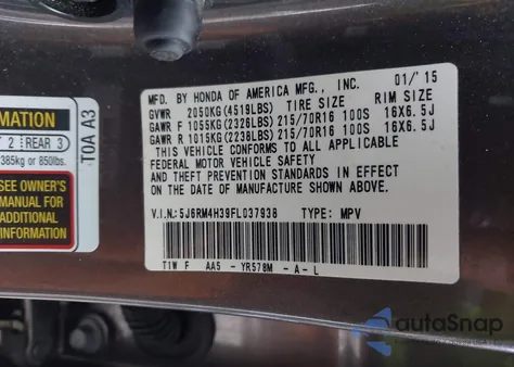 2015 Honda Cr-V Lx z USA, uszkodzony, nr VIN 5J6RM4H39FL037938